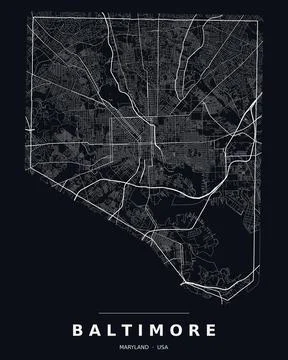 Baltimore MD Street Map Road Network Highways Dark Mode Editable Vector Stock Illustration