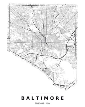Baltimore MD Street Map Road Network Highways Black White Editable Vector Stock Illustration