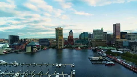 Baltimore skyline drone, inner harbor aerial, waterfront cityscape view Stock Footage 309292446