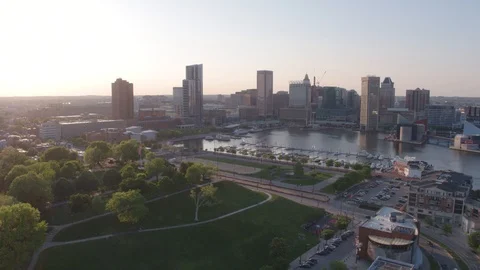 Baltimore Skyline &amp; Inner Harbor, Drone Shot Stock Footage 99060787
