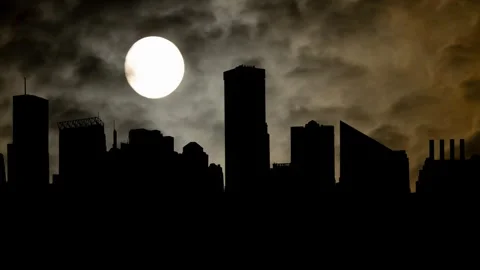 Baltimore Skyline By Night with Dark Atmosphere, Fog, Smoke, and Full Moon Stock Footage 260484694