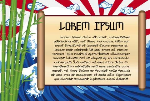 Bamboo and paper menu scroll wave  rising sun flag Stock Illustration