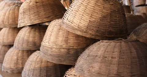 Bamboo Baskets display in market Stock Footage 324497324