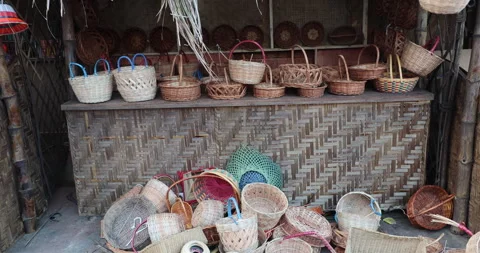 Bamboo Baskets display in market Stock Footage 324509828