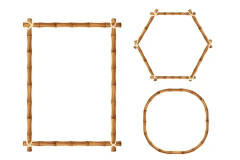 Bamboo border frame with rope in cartoon style, decoration isolated on white Stock Illustration