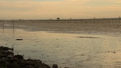 Bamboo bridge on the beach in asian Stock Footage