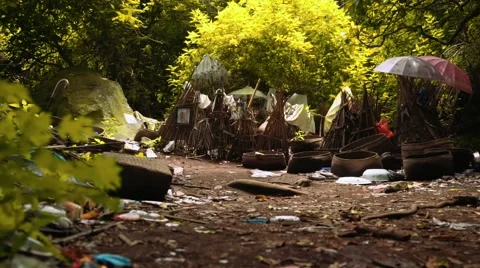 Bamboo cages keeping corpses; things that belong to the dead - Trunyan Cemetery Video stock 65250346
