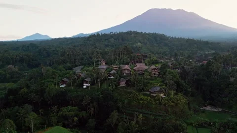 Bamboo eco resort villas surrounded by green rice terraces with Mount Agung Stock Footage 346922904