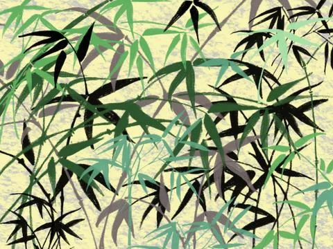 Bamboo Foliage Stalks, Leaves, Green, Gray, Yellow Stock Illustration