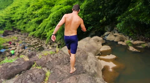 Bamboo Forest Waterfall Cliff Jump Dive Stock Footage 54596205