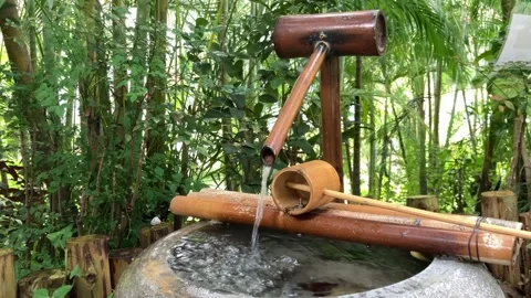 Bamboo fountain flows gently in a lush garden Stock Footage 323576353