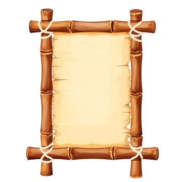 Bamboo frame with old parchment paper decorated with rope in cartoon style Stock Illustration