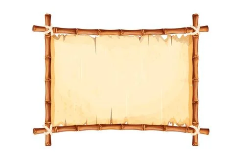 Bamboo frame with old parchment paper decorated with rope in cartoon style Stock Illustration