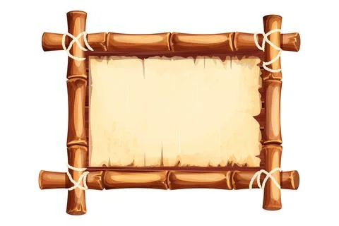 Bamboo frame with old parchment paper decorated with rope in cartoon style Stock Illustration