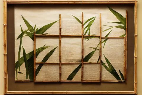 Bamboo frames with old parchment and palm leaves wooden planks background. イラスト素材