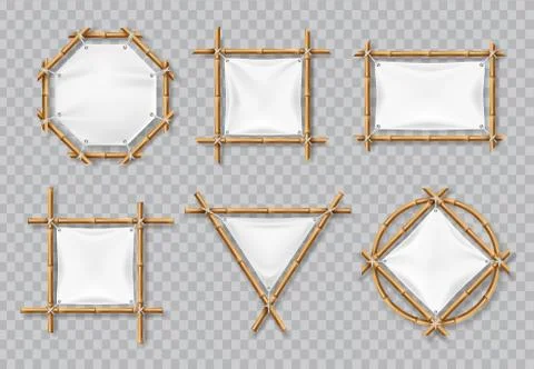 Bamboo frames with white canvas. Chinese bamboo signs with blank textile banners Stock Illustration