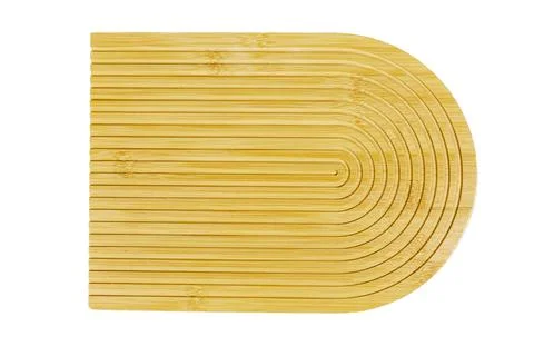 Bamboo Half-Round Cutting Board With Grooved Surface, Minimal Kitchen Serving Bo Stock Photos
