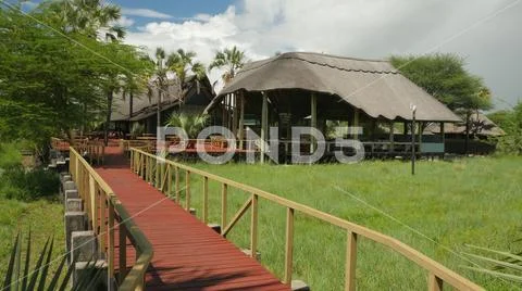 Bamboo hut with bridge in National safari park Tanzania Stock Photos