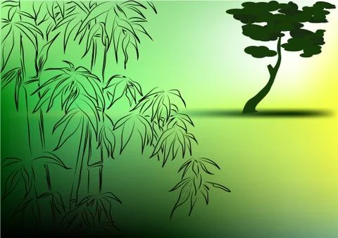 Bamboo leaves and lonely tree Stock Illustration