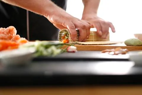 Bamboo mat, preparing sushi Stock Photos