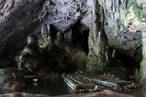 Bamboo raft in cave Stock Photos
