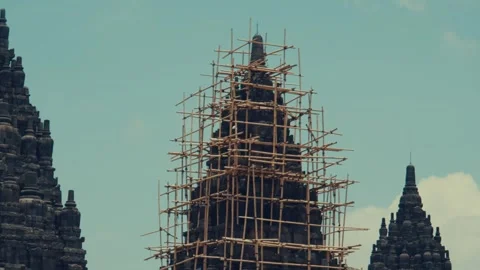 Bamboo Scaffolding Surrounding Ancient Temple for Restoration Stock Footage 333324448