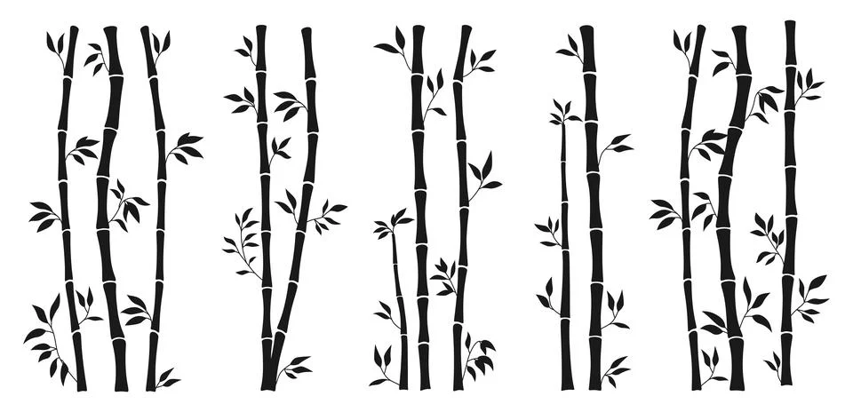 Bamboo silhouette stem bundle leaf borders set exotic plant engraving ink sticks イラスト素材