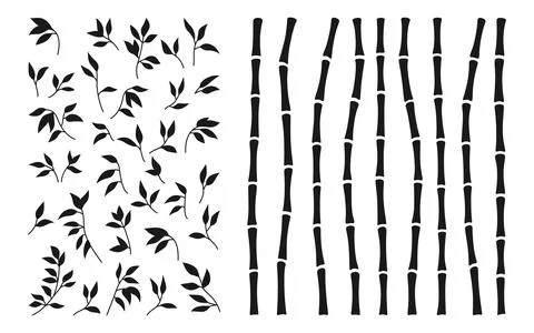 Bamboo silhouette stem leaf borders set exotic plant engraving ink sticks イラスト素材