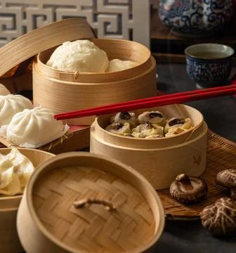 Bamboo steamers with assorted dim sum, Chinese cuisine 写真素材