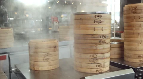 Bamboo steamers in kitchen Video stock 60265309