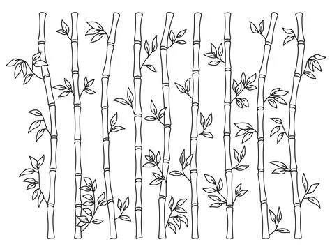Bamboo stem leaf outline border exotic set decoration elements natural plant Stock Illustration