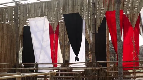 Bamboo structure with hanging fabric decorations Stock Footage 331277237