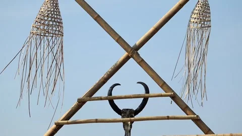 Bamboo structure with horn decor and woven elements 스톡 동영상 331277614