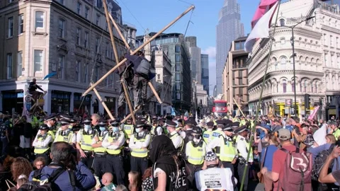 Bamboo Structures Erected During Extinction Rebellion Blood Money Protest Stock Footage 160151219