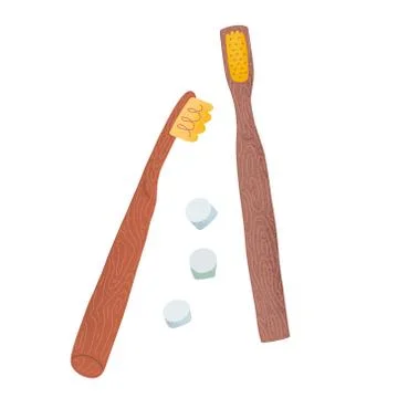 Bamboo toothbrush with natural toothpaste tablets, eco friendly tool, hand drawn Stock Illustration