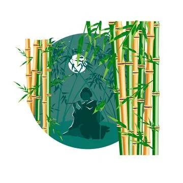 Bamboo trees with leaf. Color vector flat cartoon illustration Stock Illustration