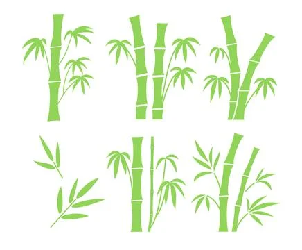 Bamboo trunks segments with branches and leaves set. Flat vector illustrati.. Stock Illustration