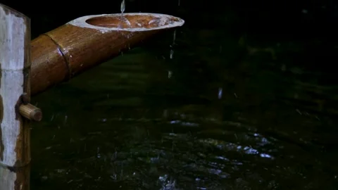 Bamboo water stream leaking water stream from bamboo, spa and wellness concept Stock Footage 302257327