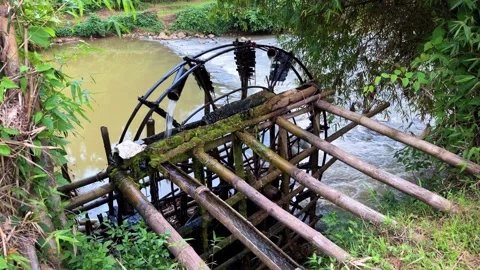 Bamboo waterwheel architecture operating in Lang Son. Stock Footage 341482745