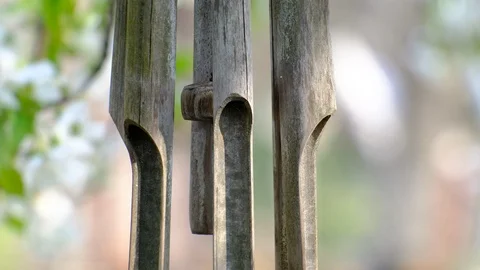 Bamboo wind chimes hung outside Stock Footage 122012046