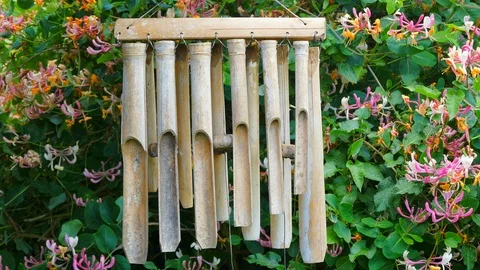 Bamboo windchimes blowing in the breeze. Stock Footage 108390834