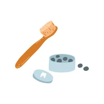 Bamboo wooden toothbrushe and solid toothpaste in tablets in cartoon flat style Stock Illustration