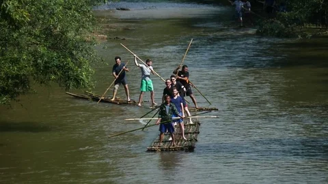 Bamboom rafting in Mae-chaem river, Chiang Mai, THAILAND Stock Footage 108263937