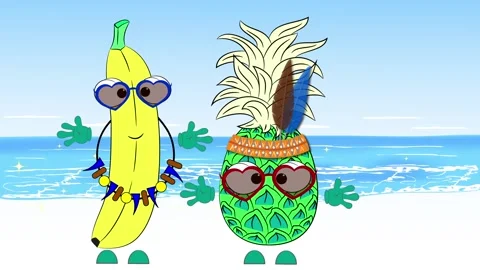Banana and pineapple dance on the background of the sea. Stock Footage 159464060