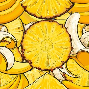 Banana and pineapple seamless pattern or background sketch vector illustration. Stock Illustration