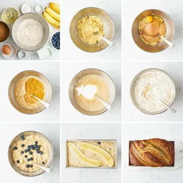 Banana bread. Collage, step by step recipe. Cake with banana and blueberries. Stock Photos