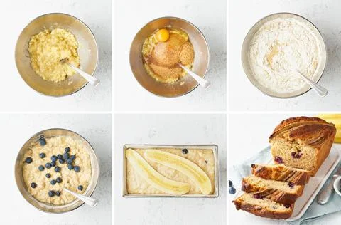 Banana bread. Collage, step by step recipe. Cake with banana and blueberries. Stock Photos