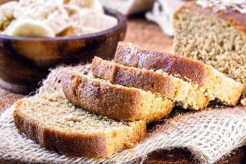 Banana bread, vegan bread without animal products, without milk Stock Photos