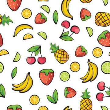 Banana, cherry, lemon, lime, pineapple, strawberry on white background pattern Stock Illustration