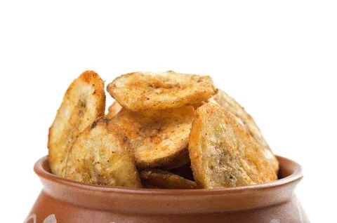 Banana chips on a white background Stock Photos